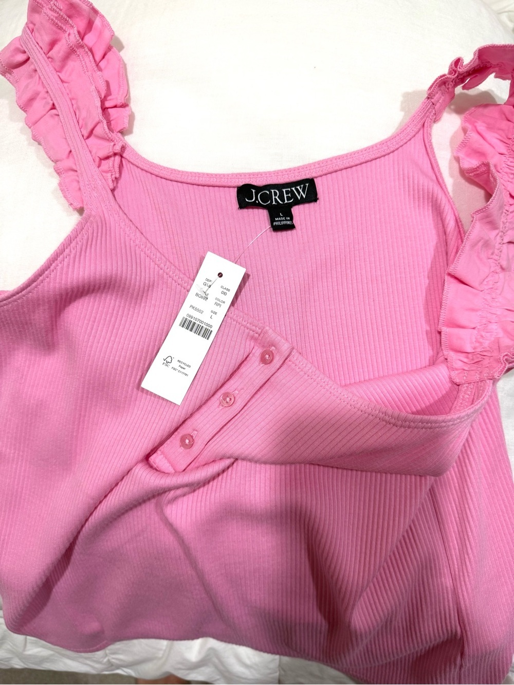 NWT J. Crew Bright Pink Ribbed Tank with Ruffle Straps - Picture 2 of 5